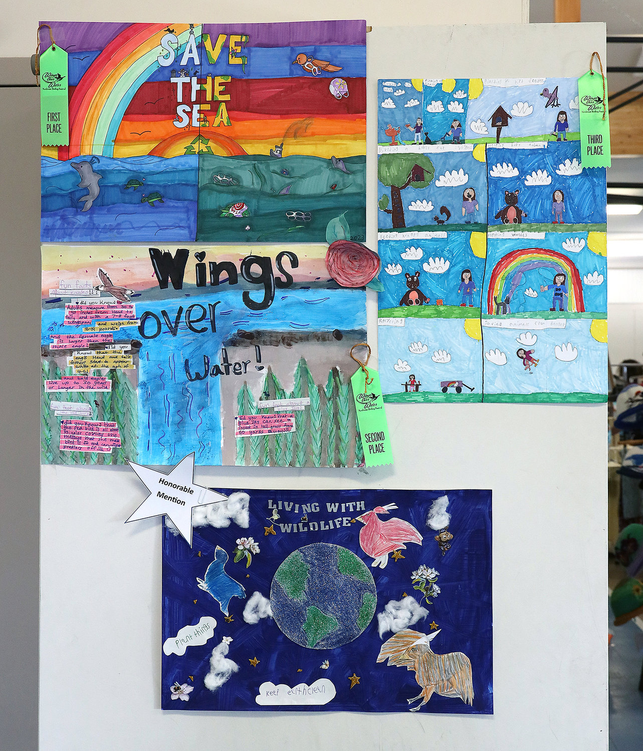Four Blaine Elementary School students were awarded for their artwork at the Wings Over Water Northwest Birding Festival March 17-19. Counterclockwise; fifth grader Avery Morecombe won first place; fifth grader Nevaeh Denning won second place; third grader Tristin Robertson received an honorable mention; and fourth grader Alysa Sheets won second place. Prizes included books, a $20 Edaleen Dairy gift certificate, $30 Westside Pizza gift certificate and season pass to Birch Bay Waterslides.