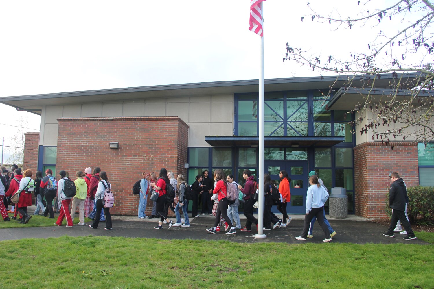 Blaine students participate in the walkout in front of the district office on April 24.