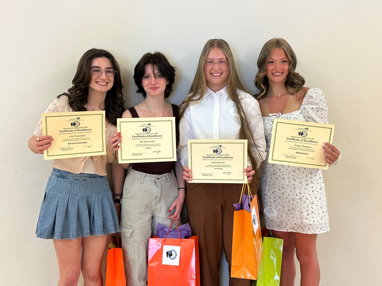 The American Association of University Women Whatcom Branch recognized four female students from several high schools in Whatcom County. From l.; the Blaine High School students who were recognized were Ava Freeman (arts), Ella Wannamaker (science), Sabrina Boczek (technology) and Neely Thomas (math).