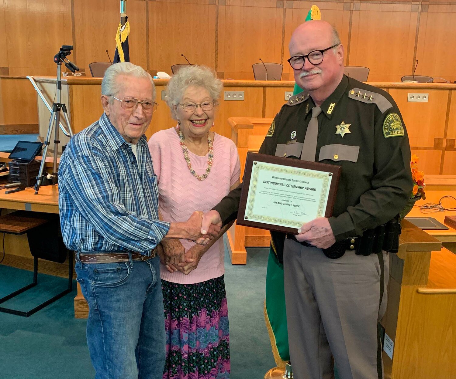 From l.; East Blaine residents Jim Block, 93, and Audry Block, 87, were presented the Whatcom County Sheriff’s Office Distinguished Citizenship Award from sheriff Bill Elfo on May 18. The couple were honored for their support of local law enforcement, which has included bringing out treats, checking on deputies and inviting deputies into their home for meals and holiday gatherings. WCSO hosted an awards ceremony with several honors in celebration of National Police Week.