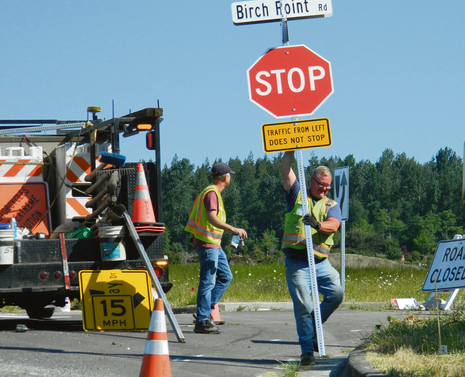 Whatcom County Public Works Department employees installed two stop signs at the intersection of Birch Bay Drive and Birch Point Road on June 6 despite Birch Bay residents having voiced strong opposition to the signs earlier this year. The signs were put up for southbound traffic exiting the new Horizon development on Birch Point Road and westbound traffic on Birch Bay Drive, at the top of the curve near the intersection. Eastbound traffic on Birch Bay Drive will have the right-of-way.