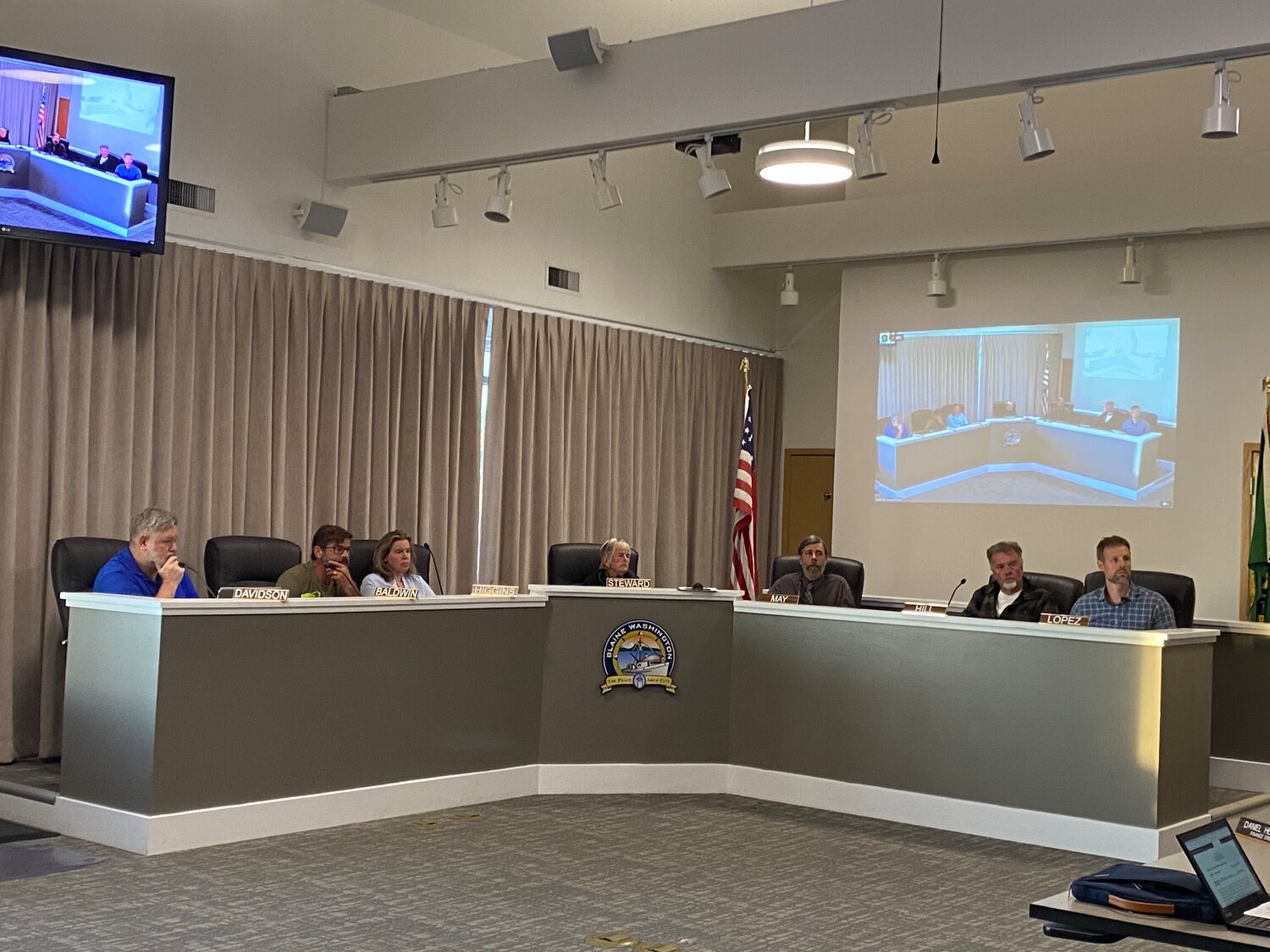 Blaine City Council during its September 11 meeting in council chambers. From l.; Eric Davidson, Garth Baldwin, Kerena Higgins, Mary Lou Steward, Richard May, Mike Hill and Rhyan Lopez.