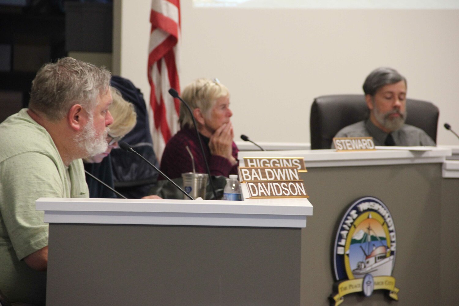 From l.; Councilmembers Eric Davidson, Kerena Higgins, Mary Lou Steward (mayor) and Richard May at the September 25 Blaine City Council meeting.