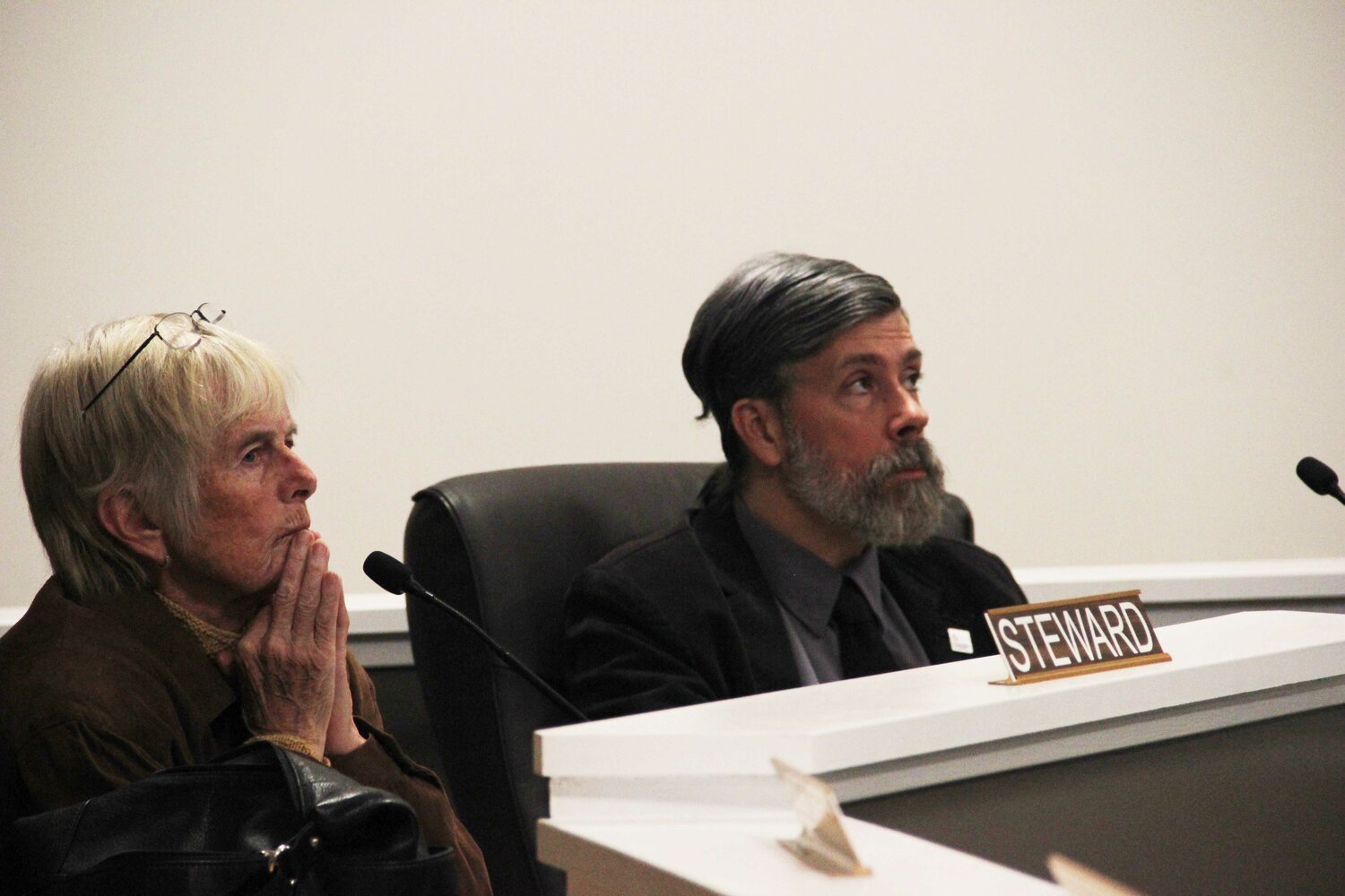 Mayor Mary Lou Steward, l., and councilmember Richard May during the Blaine City Council meeting on October 23.