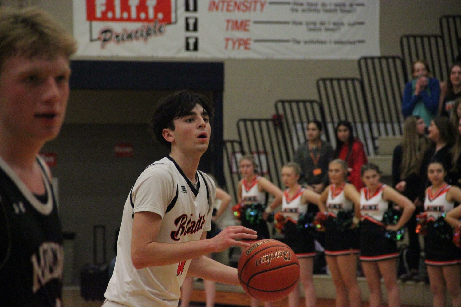 Blaine junior guard Landon Melton eyes his shot before attempting a free throw in the second quarter of Blaine’s play-in game against Mount Baker. Melton tied Noah Tavis for a team-high nine points on the night.