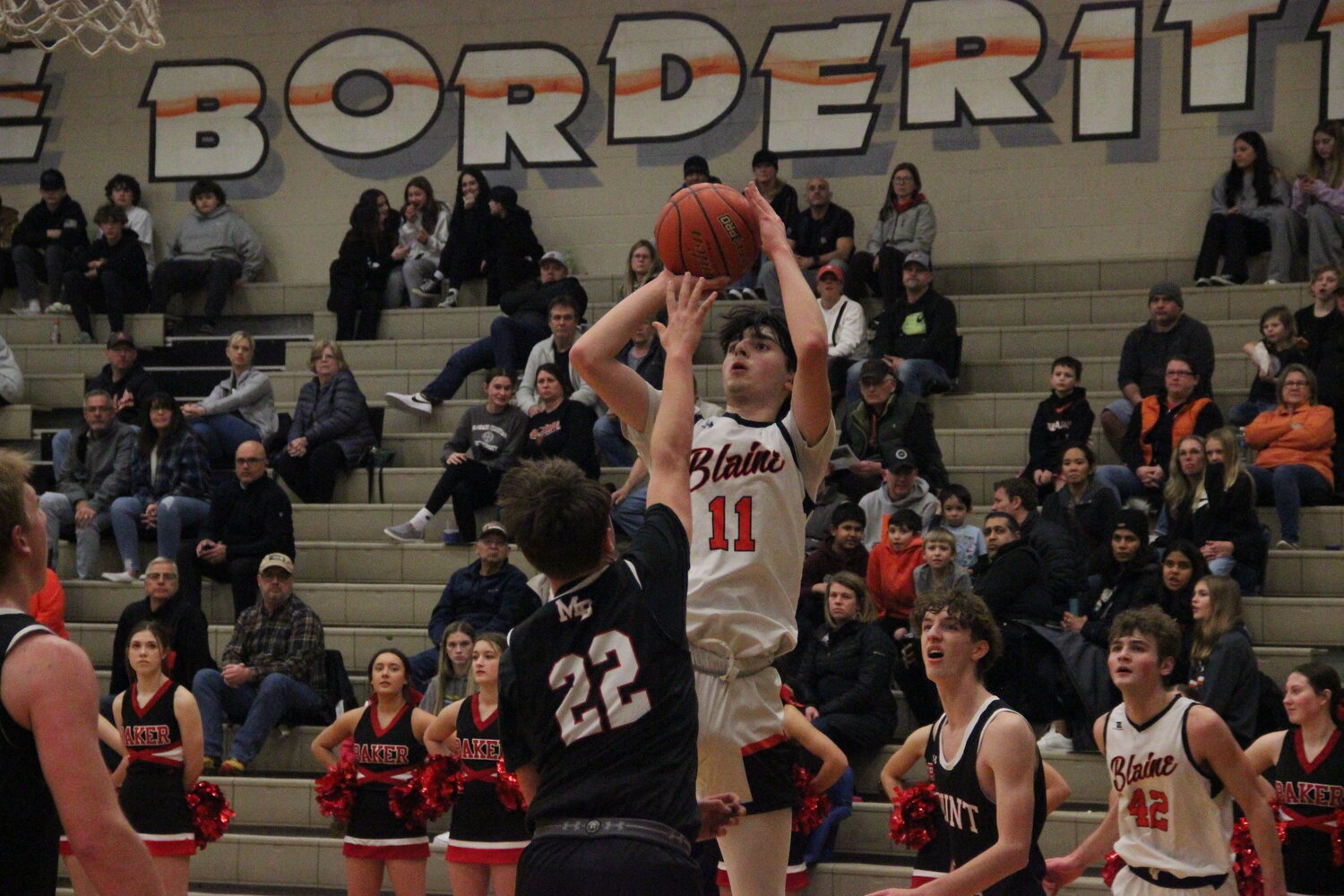 Junior guard Landon Melton pulls up for a jump shot during the second quarter of Blaine’s play-in game against Mount Baker on February 5. Blaine lost 65-54, ending its season at 4-17.