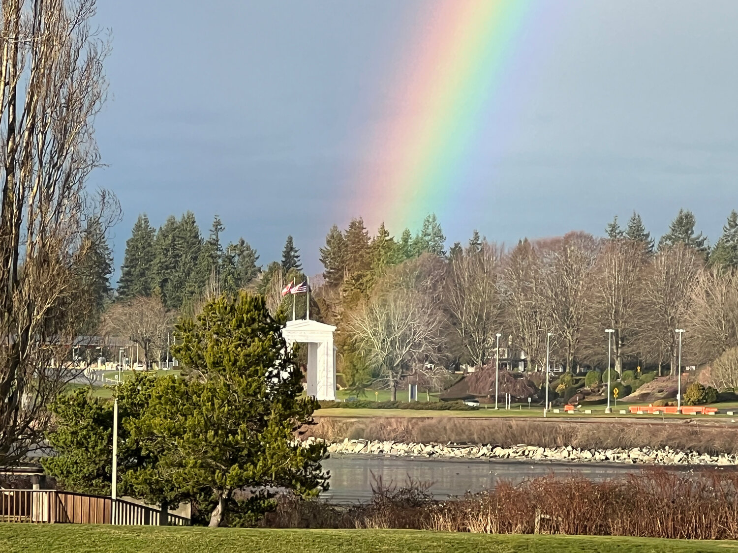 A rainbow added a pop of color over the Peace Arch at the U.S./Canada border on February 1.