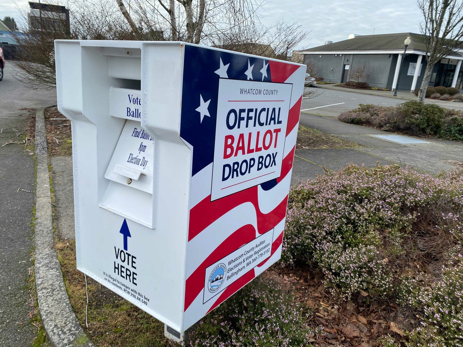 The Whatcom County ballot drop box at Blaine Public Library, 610 3rd Street, on February 7.
