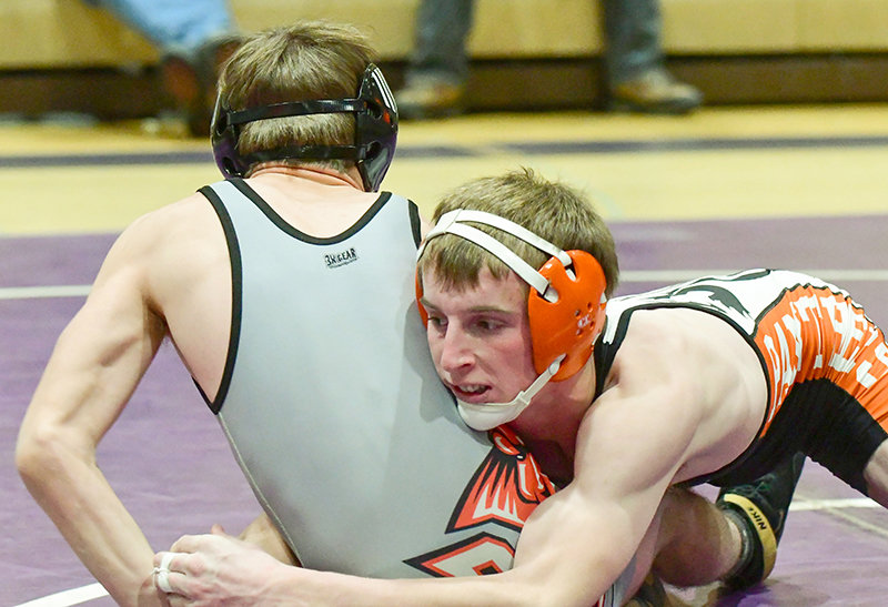 Corey Linebaugh, shown in earlier action against Huntley Project, Montana, topped his 138-pound bracket at the Lander Invitational last week. The Panthers finished second in a field of 21 teams.