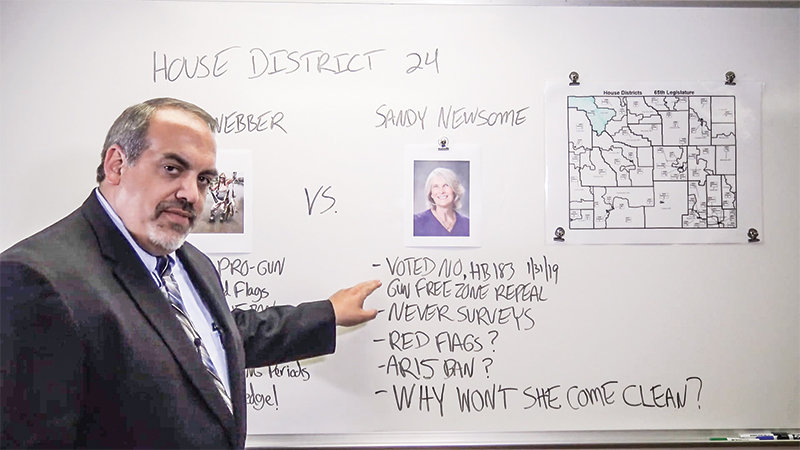 Wyoming Gun Owners Policy Adviser Aaron Dorr attacks state Rep. Sandy Newsome&rsquo;s stances on gun rights in this screenshot taken from a video recently posted to the advocacy group&rsquo;s YouTube account. Some lawmakers are upset with the tactics being used by Dorr and Wyoming Gun Owners.