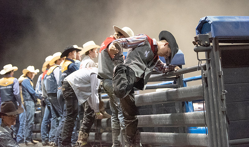 Bruin Bradshaw stretches out behind the chutes before the first section of bull riding last month during the Trapper Stampede Rodeo in Cody. The men&rsquo;s rodeo team has been on a roll as of late.