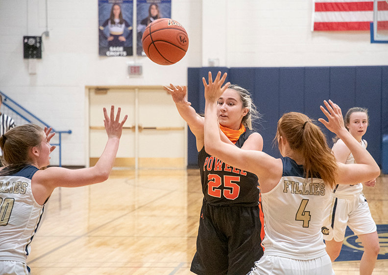 Grace Coombs throws an entry pass in Powell junior varsity&rsquo;s Dec. 17 game against Cody. The Panthers fell 45-25 in that game before defeating Rocky Mountain two days later.