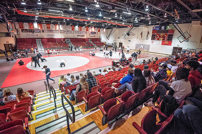 Fans watch as Trapper wrestling kicks off its season at Saturday&rsquo;s Apodaca Duals. A total of 233 spectators are currently being permitted to attend events at Cabre Gym.