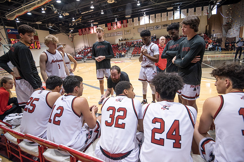 Trapper head coach Jay Collins talks to his team during a Feb. 23 matchup against Central Wyoming. The NWC men&rsquo;s season ended in a loss, as they dropped a road contest against Eastern Wyoming on Saturday.