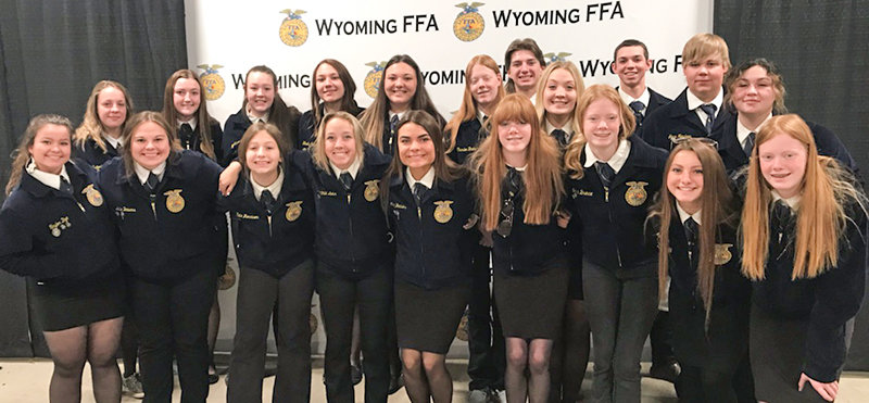 Powell Shoshone FFA poses during the state convention in Cheyenne April 6-9. Back row (from left); Victoria Beaudry, Madi Harvey, Allison Morrison, Shelby Carter, Brooke Bessler, Charlee Brence, Wyatt Heffington, Whitney Jones, Weston Reynolds, Jace Nordeen and Lilly Morrison. Front row (from left); Taylor Dye, Katie Beavers, Katie Morrison, Virginia Lohr, Abby Wambeke, Kathryn Brence, Emma Brence, Aramonie Brinkerhoff and Baylee Brence.