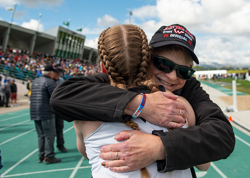 Thirty years of coaching came to an end for PHS sprints coach Shelley Heny, as she hugs Jenna Hillman, who finished her career as the 100 and 200 meter champion in May.