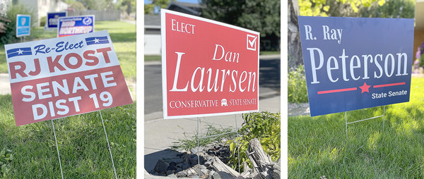 Yard signs literally shout: Election ahead. The three candidates in the Republican primary for State Senate in SD 19 employ signage as part of a colorful and costly campaign in a big district.
