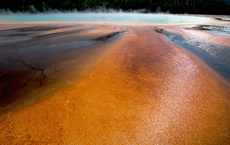 Grand Prismatic Springs, in Yellowstone National Park, is one of many geothermal features formed in the caldera. It is the third largest hot spring in the world. The third and most recent massive volcanic eruption 631,000 years ago created the present 30- by 45-mile-wide Yellowstone Caldera, according to park officials.
