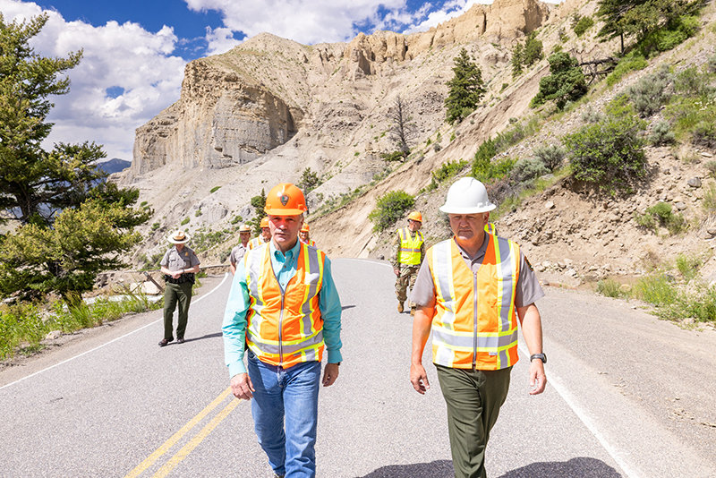 Wyoming Gov. Mark Gordon tours damage in the Lamar Valley with Yellowstone National Park Superintendent Cam Sholly last Friday. U.S. Sens. Cynthia Lummis and John Barrasso also attended the tour.