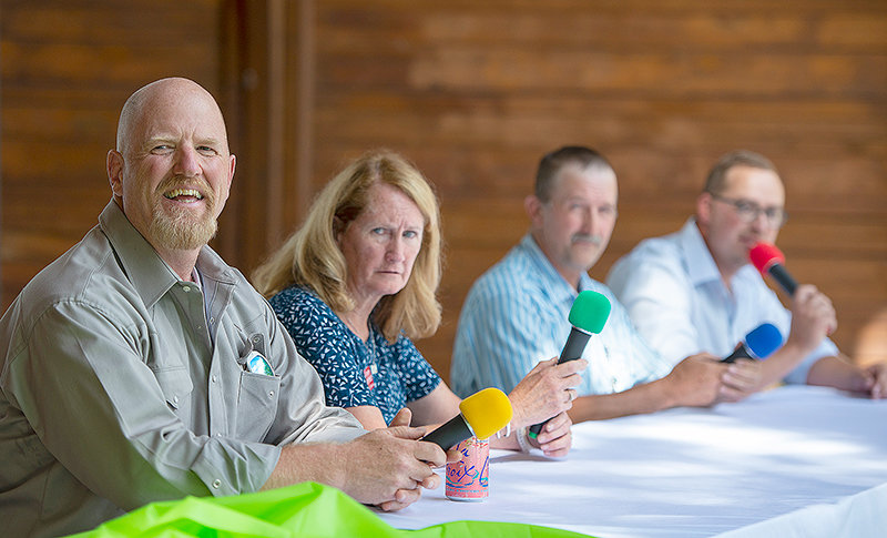 Park County commissioner candidates Ken Montgomery, Dossie Overfield, Lloyd Thiel and Matthew Scott answer questions at the Powell Economic Partnership (PEP) candidates event in Washington Park last week.