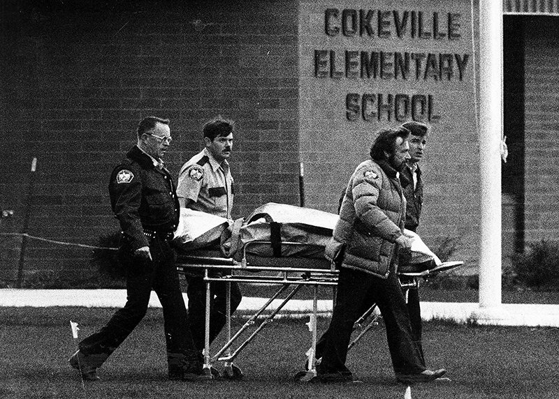 The body of Doris Young is removed by officials after the Cokeville Elementary School hostage situation on May 16, 1986.