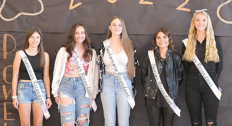 Freshman attendant Averie Warner (from left) will be escorted by Korbyn Warren (escorts not pictured), junior attendant Bella Bertagnole will be escorted by Joe Bucher, sophomore attendant Maggie Atkinson will be escorted by Paul Cox, senior attendant Abby Wambeke will be escorted by Yared Robirds, and senior attendant Sydney Hull will be escorted by David Polson. All five girls will be honored at Friday&rsquo;s football game against Star Valley. A queen will be decided between Wambeke and Hull.
