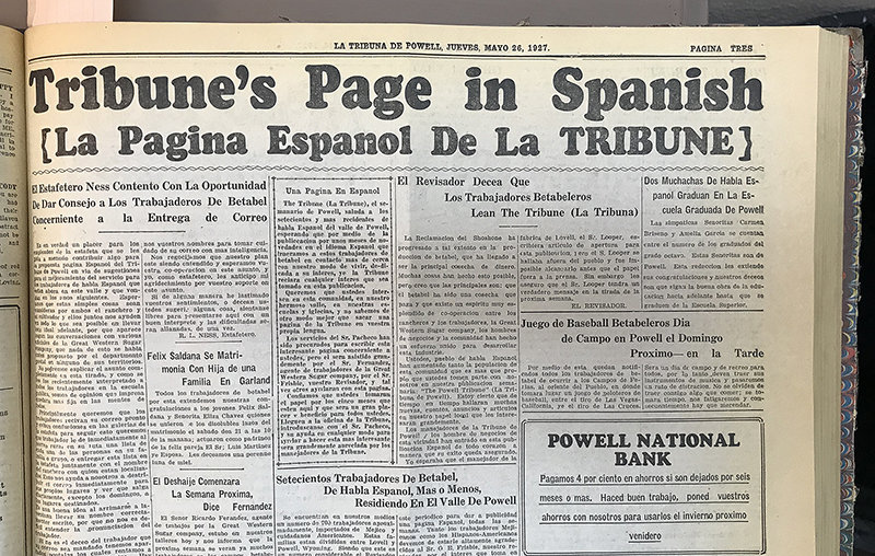 The &ldquo;Spanish Page&rdquo; from the Powell Tribune of May 26, 1927