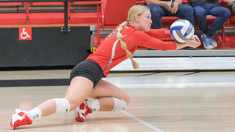 Ellie Thomas digs a ball during NWC&rsquo;s match against Casper on Oct. 8. Thomas broke the NWC digs record during a match against the Rocky Mountain JV on Oct. 4.