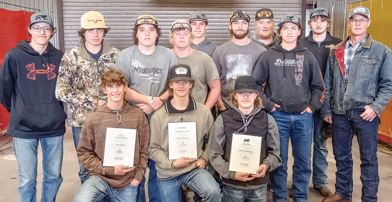 Powell High School students attended the Laramie County Community College and Puma Steel welding competition Oct. 20 and 21. Three students placed within the top 10 and brought home $3,000 in scholarships. Back row: Trey Peterson (left), Garrett Tharp, George Estes, Logan Petersen, Adam Williams, Josh Ashcraft, Stockton Buck, Andrew Valdez, Jack Van Norman and instructor Bryce Meyer. Front row: Tyler Wood, Dalton Worstell and Carson Lawrence all received scholarships and welding gear for their performance.