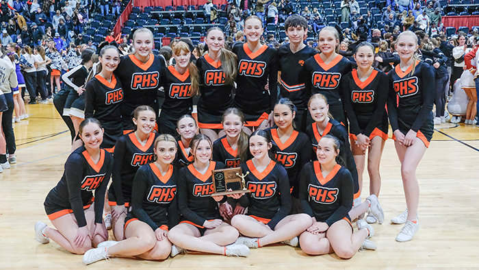 The Powell High School cheer team poses with their fourth place trophy. Back row from left: Hagen Bradish, Nyah Johnson, Kathryn Brence, Maggie Atkinson, Kate Miller, Kolby Crichton, Kinsley Braten, Alicia Daugherty and Luci Dees. Middle row from left: Bella Bertagnole, Kora Terry, JJ Gardner, Maddie Johnson, Precious Londo and Emma Brence. Front row from left: Venice Gann, Alexis Terry, Alexa Nardini and Jordan Howard.