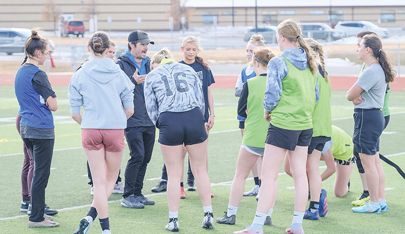 Coach Danny Agee gives instruction to the Panther girls during a training session on Tuesday. Agee took over the head coaching role for the girls&rsquo; soccer team in July.