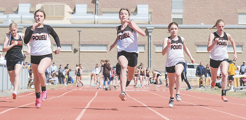 The Powell Panther girls&rsquo; track team dominated on the track Saturday in Cowley at the Rocky Mountain Invite. From left: Peyton Borcher, Kadence DelBiaggio, Amiya Love and Blake Nissen compete in the 100 meters on Saturday.