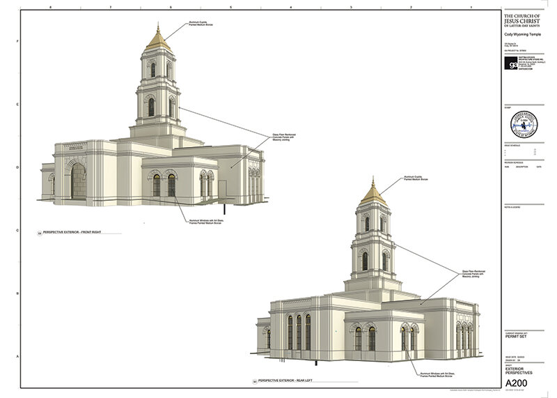 The Church of Jesus Christ of Latter-day Saints&rsquo; proposed Cody temple will reach 100 feet into the sky, as seen in this exterior perspective created by Giattina Aycock Architecture Studio and submitted to city planning officials.