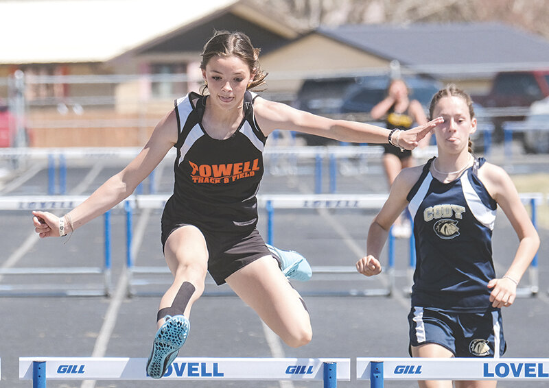 Abigail Visocky clears a hurdle during the Lovell track meet on April 29. The Cubs wrapped up with the conference meet this past weekend in Thermopolis.