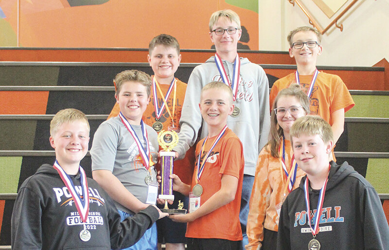 This year&rsquo;s Powell Middle School Knowledge Bowl team stands victorious after sweeping the competition and earning the maximum number of points. Back row from left, Huston Dearcorn, Cash Peterson and Gabe Leighton; middle row, David Stensing, Calvin Opps and Maysyn Schuler; front row, Cyrus Snell and Jim Black.