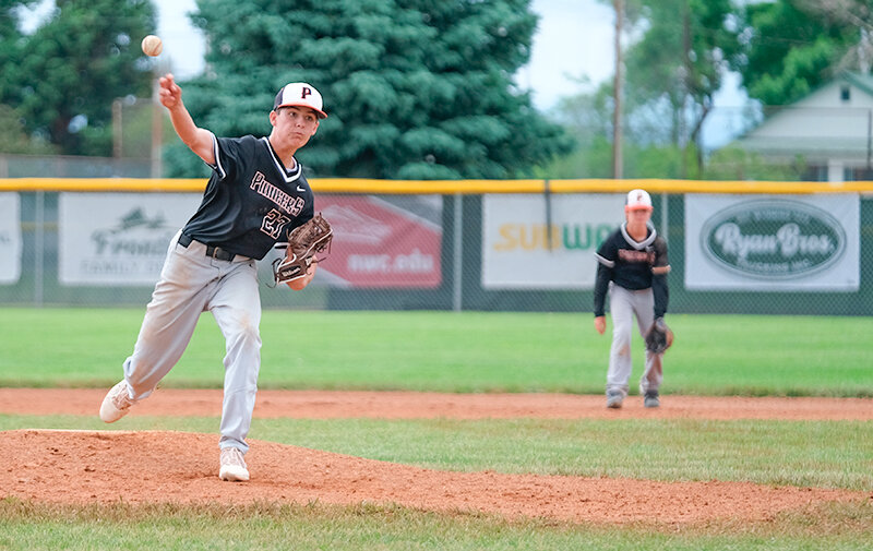 Decker Engesser releases a pitch during the Pioneer &lsquo;C&rsquo; team&rsquo;s contest against Gillette on Sunday.