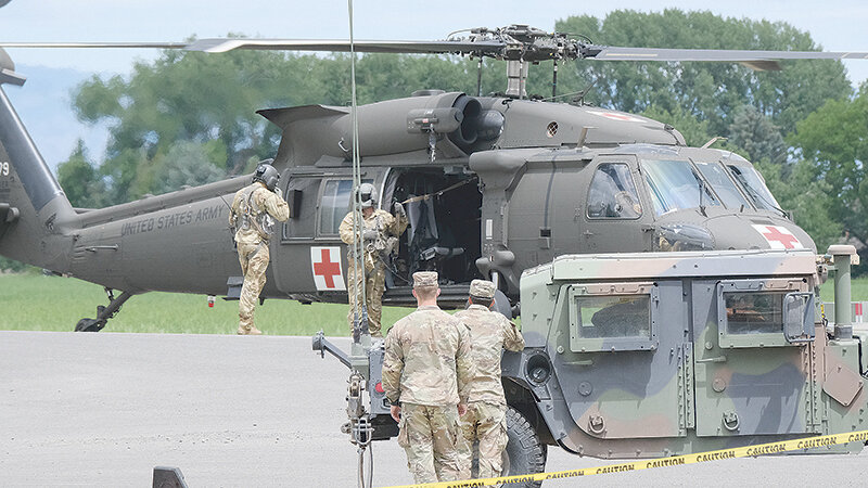 One of the more eye catching aspects of the mass casualty training was the presence of two Black Hawk helicopters which landed near the Cabre Gym parking lot.