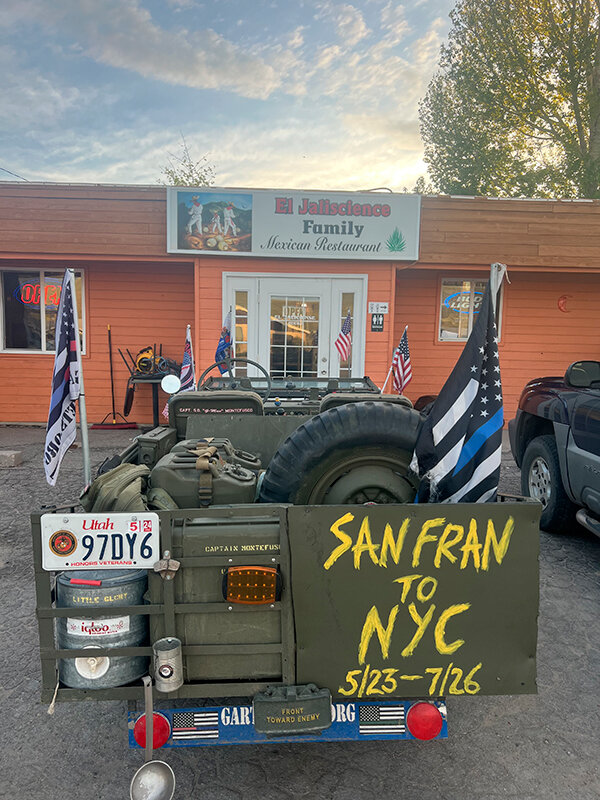 Scott Montefusco&rsquo;s 1952 Willys Jeep is shown at El Jaliscience in Kemmerer last week. The retired law enforcement officer and military veteran is driving the Jeep from San Francisco to New York.