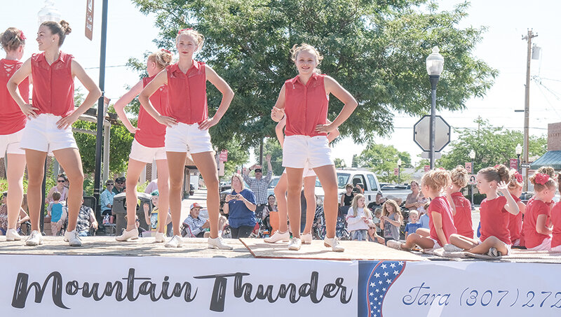 From left, Megan Jacobsen, Ashlee Jacobsen and Jamie McKenna performed with Absaroka Mountain Thunder during last year&rsquo;s Park County Fair Parade.