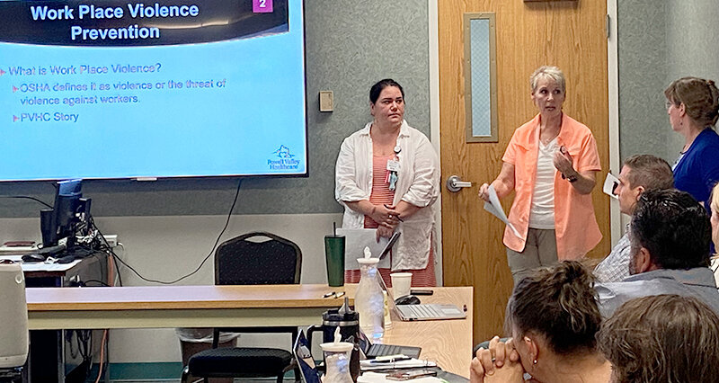 Powell Valley Healthcare Inpatient Services Nursing Director Nichole Gutierrez, ER Director June Minchow and Chief Nursing Officer Arlene Campeau talk to the Powell Valley Healthcare Board of Directors at a recent meeting about a new push to improve workplace safety.
