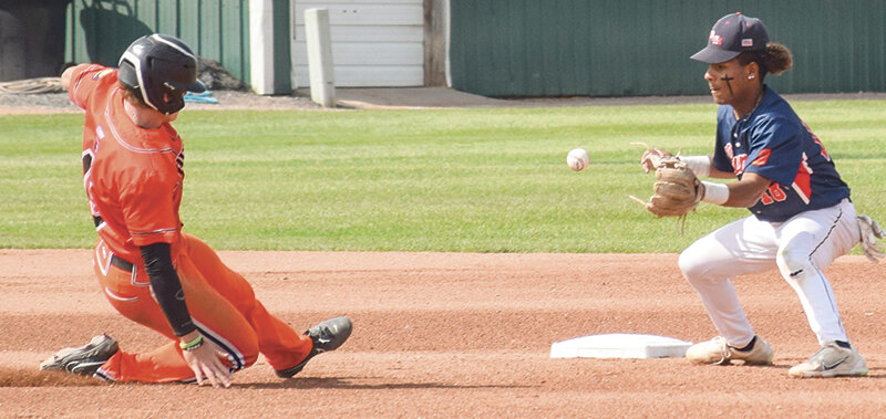 Brock Johnson slides toward second during the Pioneers final game of the season against Coeur d&rsquo;Alene on Monday in Havre, Montana.