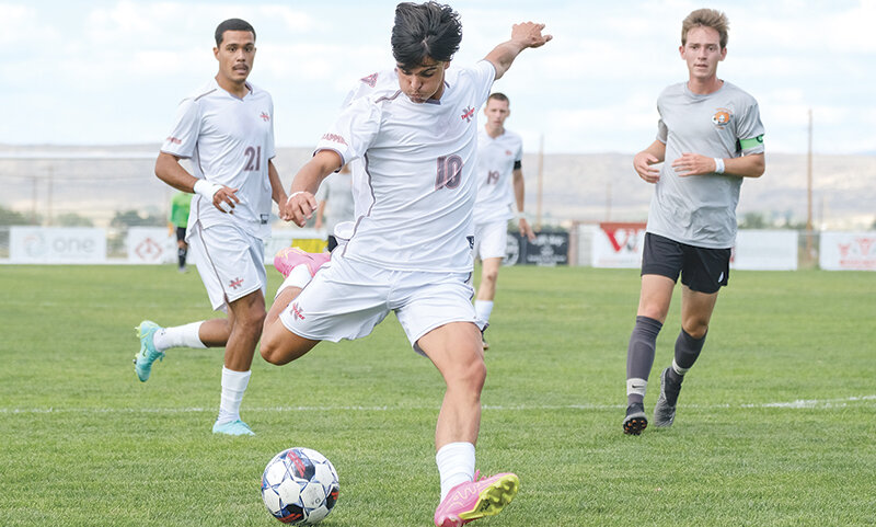 Pedro Miguel Vilaca Teixeira winds up to take a shot against Central Wyoming on Saturday. He scored his seventh goal of the season for Northwest on Saturday as the Trappers improved to 4-2-1 on the season.