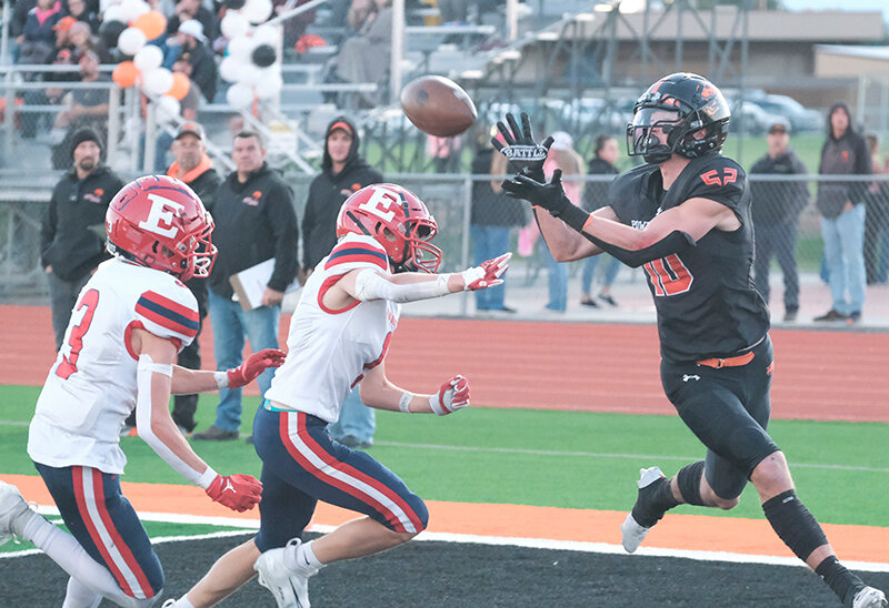 Trey Stenerson hauls in a touchdown pass for the Panthers against Evanston. Powell will head to Jackson on Friday to try and secure a spot in the playoffs before an important matchup with Cody next week.