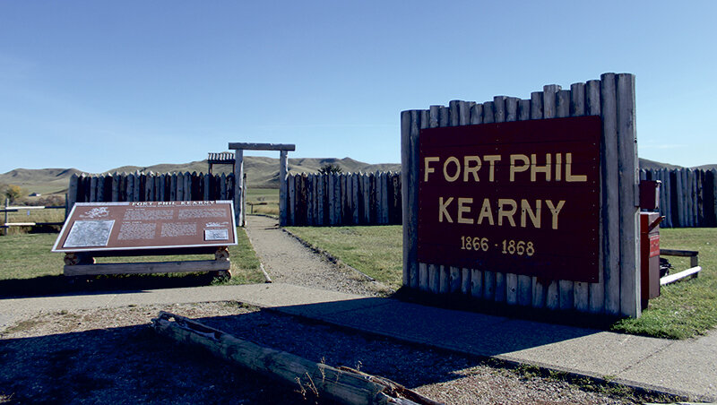 The wall on the pathway leading up to the entrance of Fort Phil is symbolic of what once stood from 1866-1868, as the original fort and all of the structures inside were burned to the ground by the Northern Cheyenne Native American tribe following the withdrawal of U.S. Army troops.