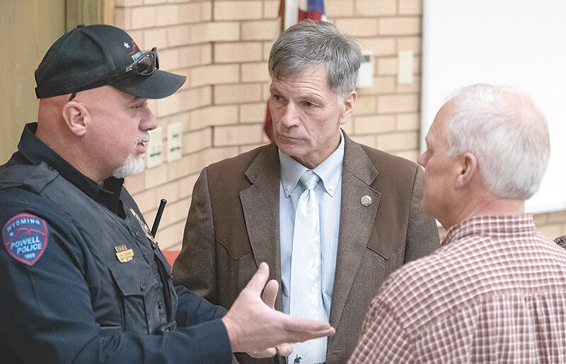 Powell Police Department Chief Roy Eckerdt and Wyoming State Sen. Dan Laursen (R-Powell) speak with Gov. Mark Gordon during a mental health town hall event at Northwest College on Wednesday, Oct. 25. The event attracted mental health professionals from around the Big Horn Basin, as well as interested members of the general public.