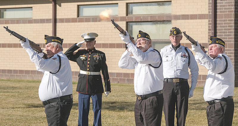 The American Legion Hughes-Pittinger Post 26 honor guard performed a three-volley salute following the Powell High School Veterans Day assembly. From left, Ernest (Bud) Schrickling, Jim Bruno, James Thomas, John Fraser and Steve Bustos.
