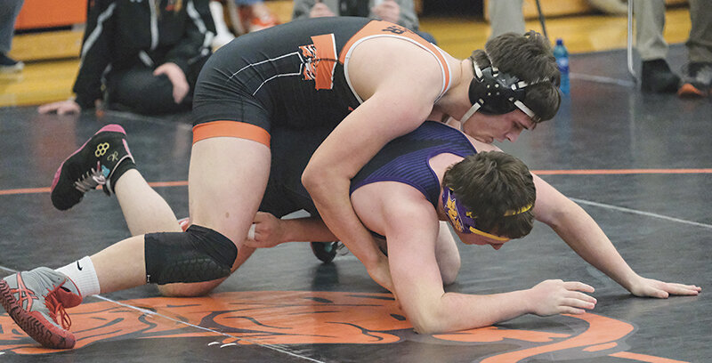 Dusty Carter (top) battled to a win at 182 pounds against Laurel on Tuesday night in Montana. The Panthers came up short in duals against Huntley Project and Laurel.