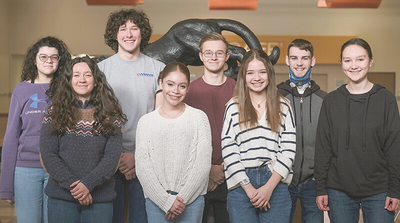 Eight of the Powell High School students attending All-State Music on Sunday-Tuesday pose in the commons area of Powell High School. Back row, from left: Jenessa Polson, Joe Bucher, Jon Hawley and Breckin Streeter. Front row: Kik Hayano, Amiya Love, Madison Johnson and Danica Mason.