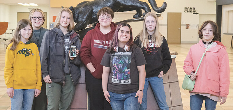 Powell Middle School&rsquo;s new speech and debate team is off to a strong start after sweeping the interpretation category at a Worland tournament in January. From left, Abigail Curdy, Charlotte Seddon, Leora Graham (holding  a photo of her partner Talon Grau), Natalie Warner, Reina Hansen, Beth Black and Morra Jessup.