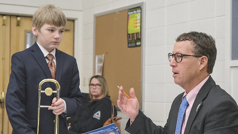 Levi Rogers, of Powell, receives feedback from adjunct music professor Morgan Grover during the 49th annual Showalter Festival at Northwest College. This year&rsquo;s festival featured 276 students.